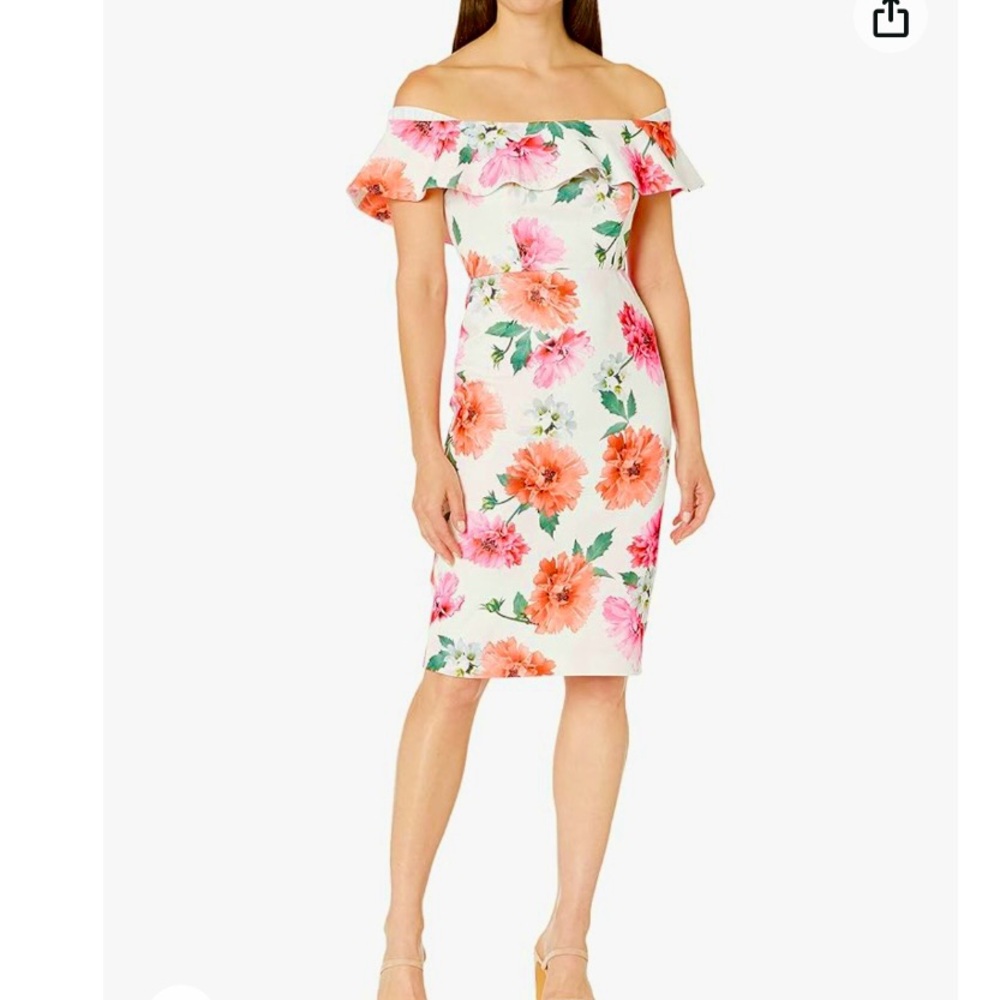Calvin Klein Pink Floral Off The Shoulder‎ Bell Sleeve Sheath Dress Size 4